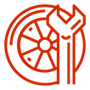 A red and black logo of a wrench, wheel and tire.